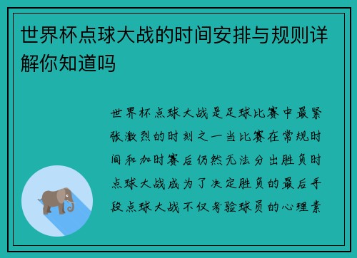 世界杯点球大战的时间安排与规则详解你知道吗